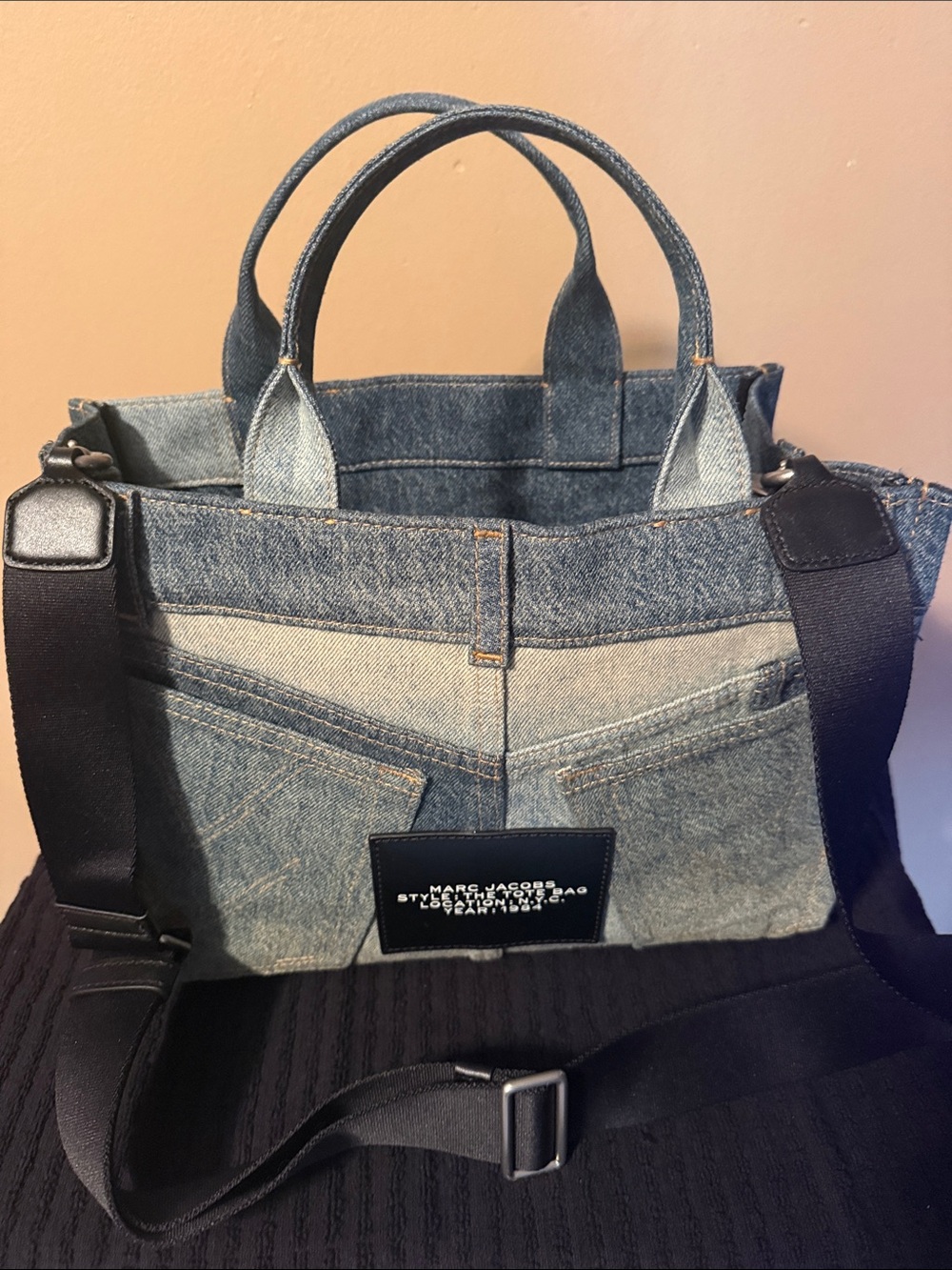 Marc Jacobs Denim Patchwork Tote Bag with White Logo - Picture 3 of 9